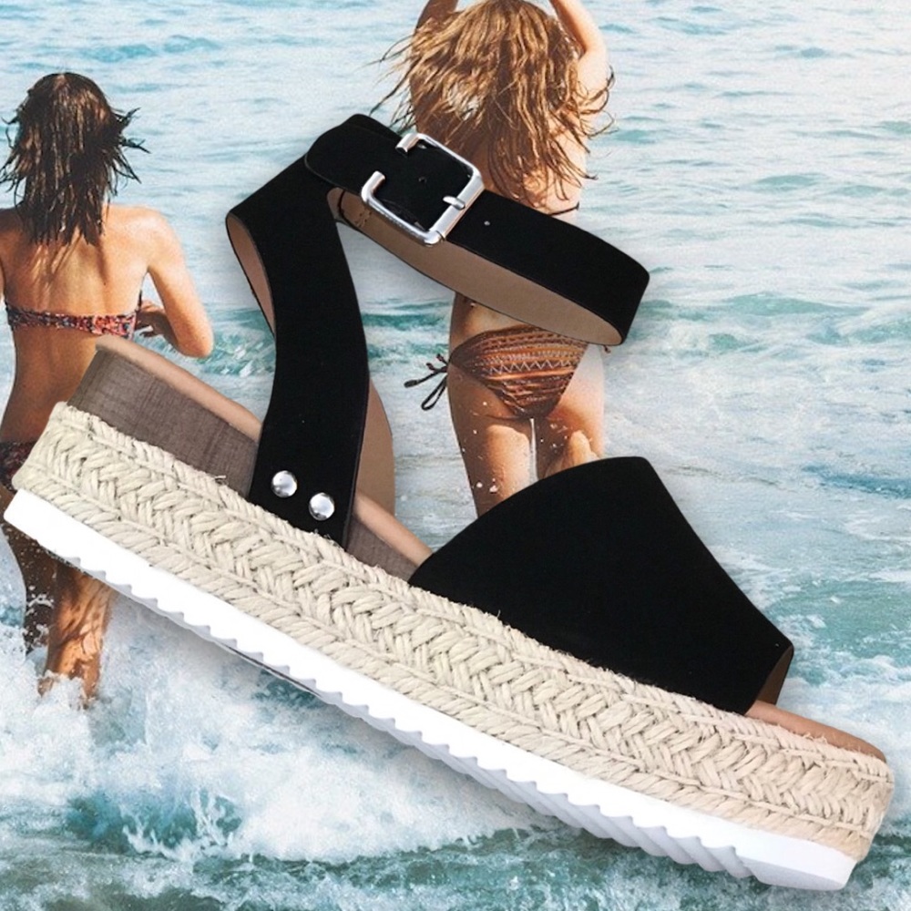 Hot! Soda Topic Black Espadrille Wedge Platform Sandal Nu Shuz Key West - Picture 6 of 9